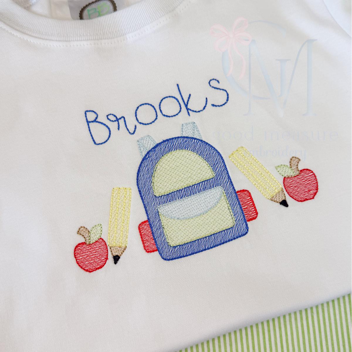 Back to School Backpack and Apples Machine Embroidery Design