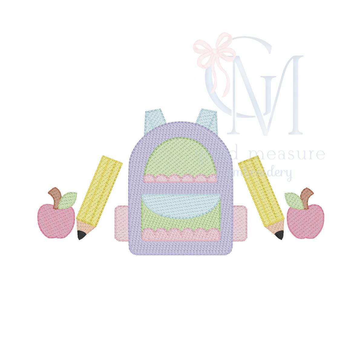Scalloped Back to School Backpack and Apples Embroidery Design