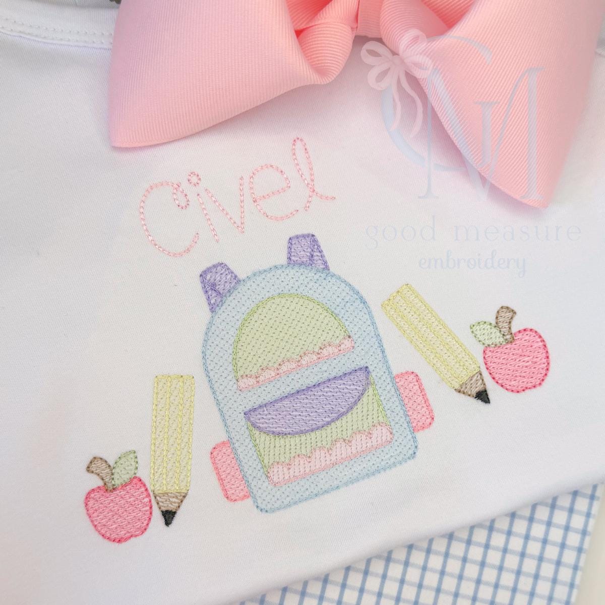 Scalloped Back to School Backpack and Apples Embroidery Design
