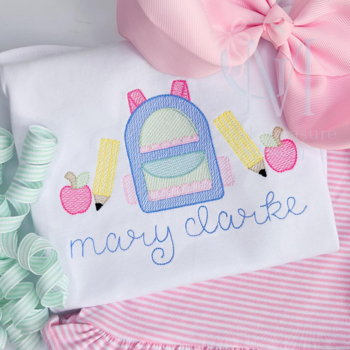 Scalloped Back to School Backpack and Apples Embroidery Design