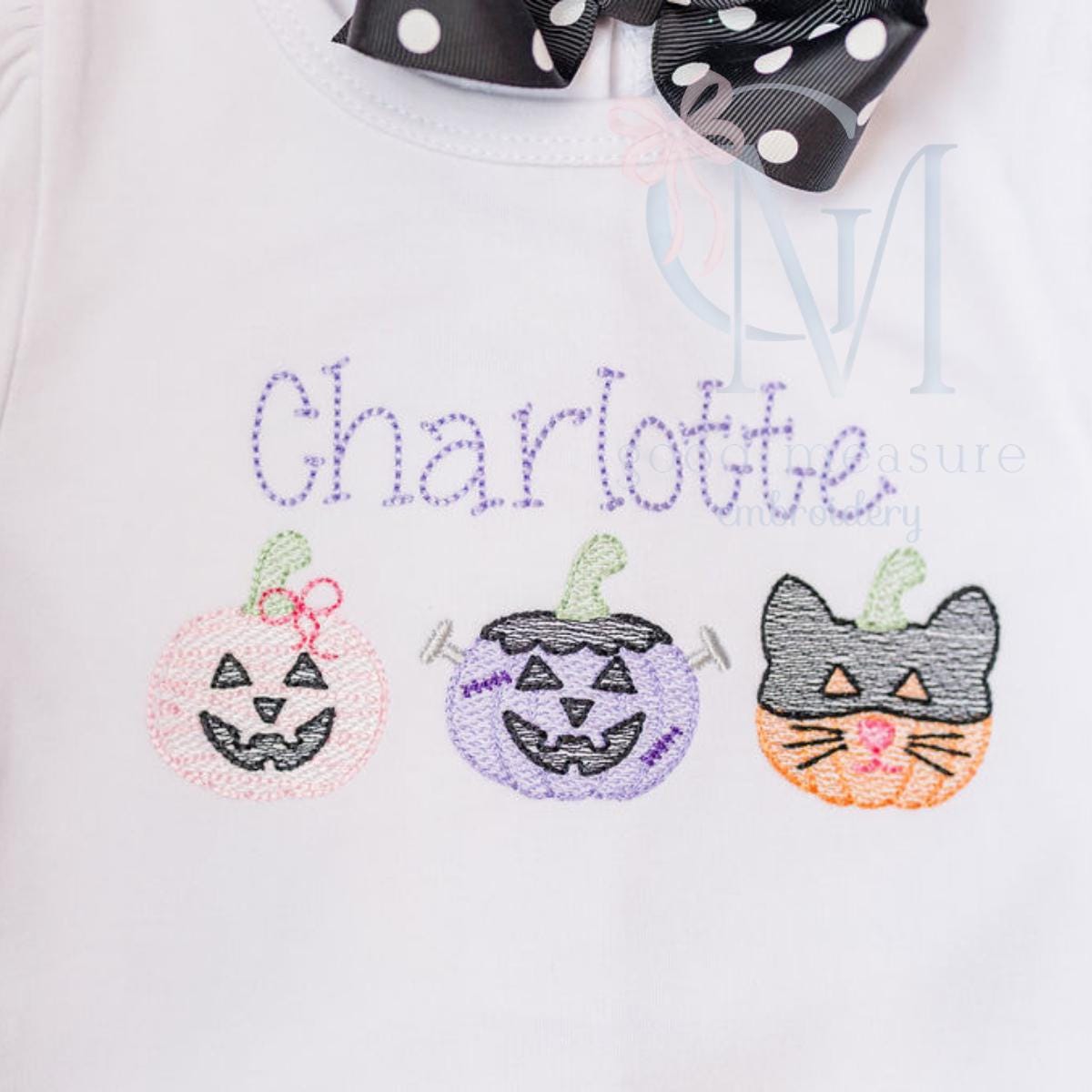 Spooky Halloween Girly Pumpkins in Costume Sketch Embroidery Design