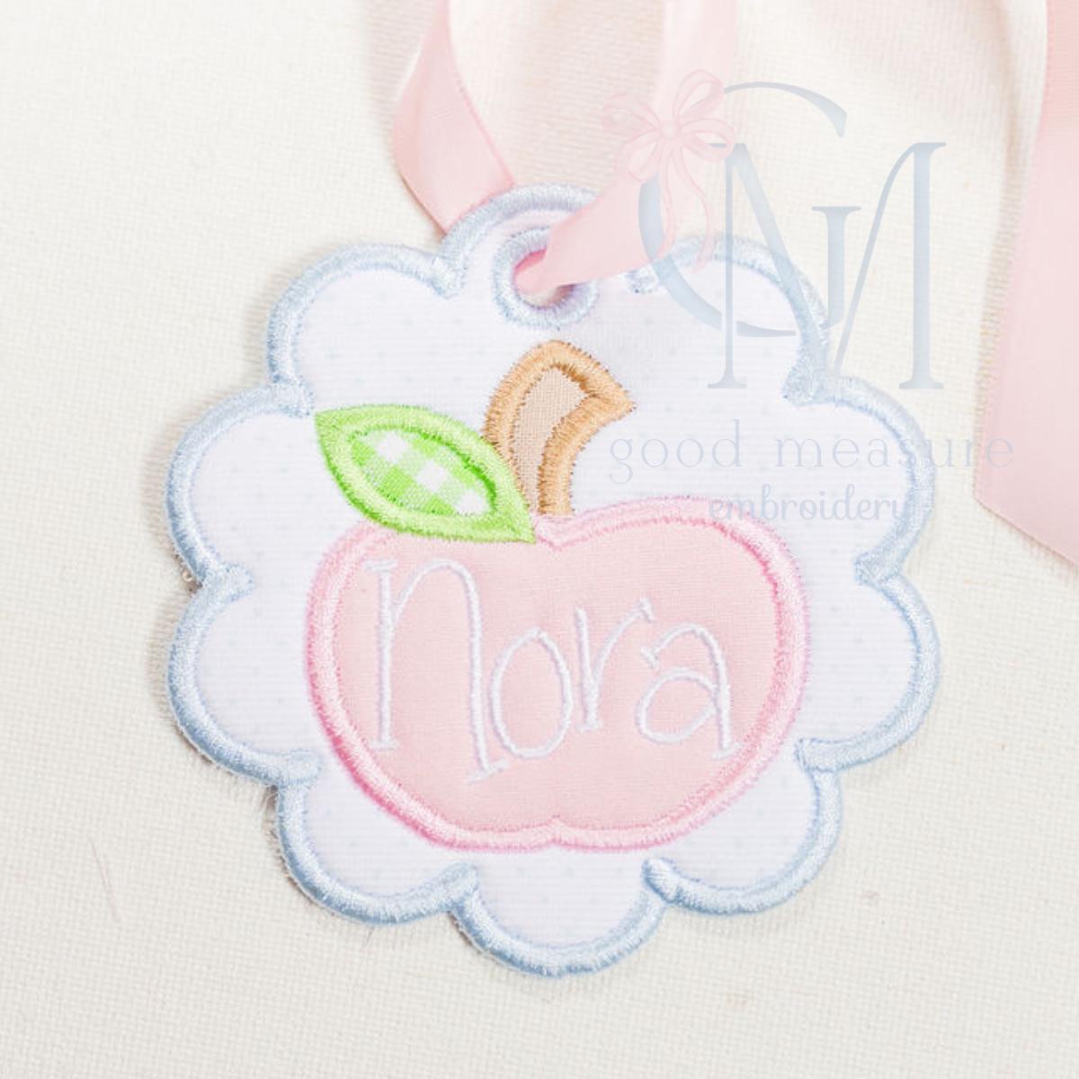 In the Hoop Satin Scallop Apple Bag Tag Embroidery Design