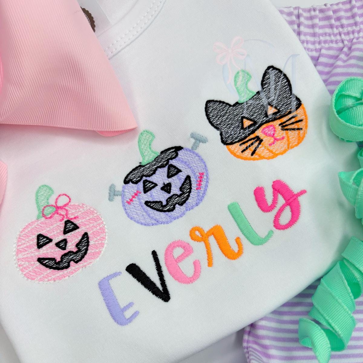 Spooky Halloween Girly Pumpkins in Costume Sketch Embroidery Design