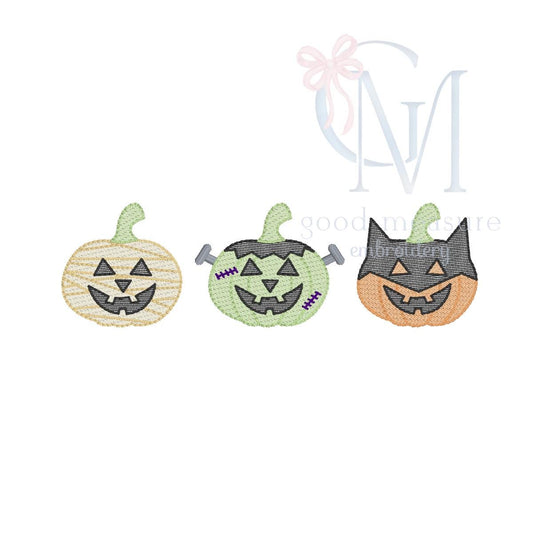 Spooky Halloween Pumpkins in Costume Sketch Embroidery Design