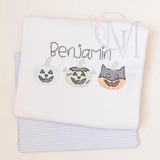Spooky Halloween Pumpkins in Costume Sketch Embroidery Design