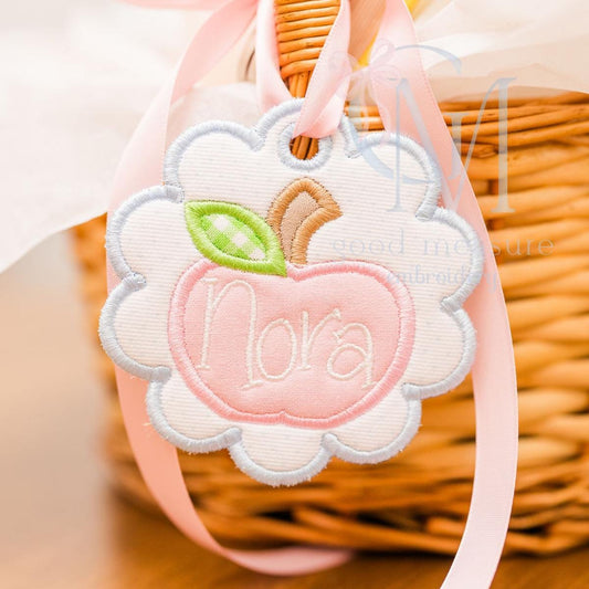 In the Hoop Satin Scallop Apple Bag Tag Embroidery Design