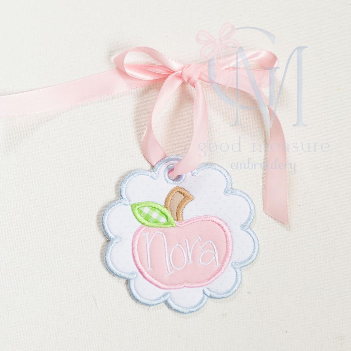 In the Hoop Satin Scallop Apple Bag Tag Embroidery Design