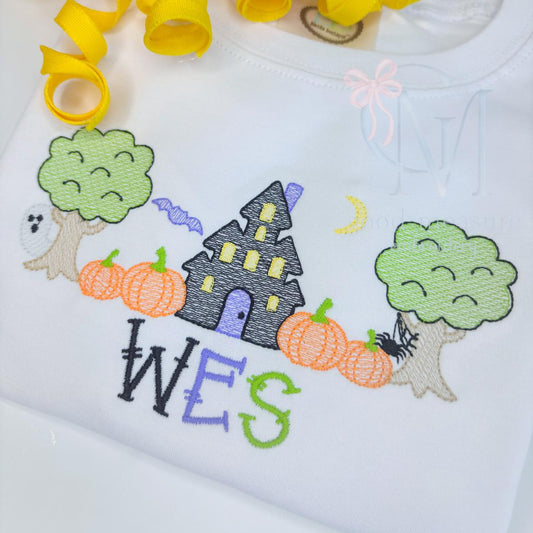 Spooky Halloween House Sketch Embroidery Design