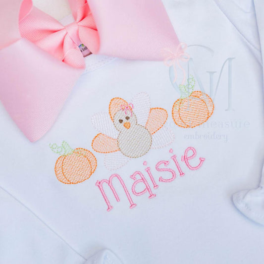 Turkey Pumpkin Girly Sketch Trio Machine Embroidery Design